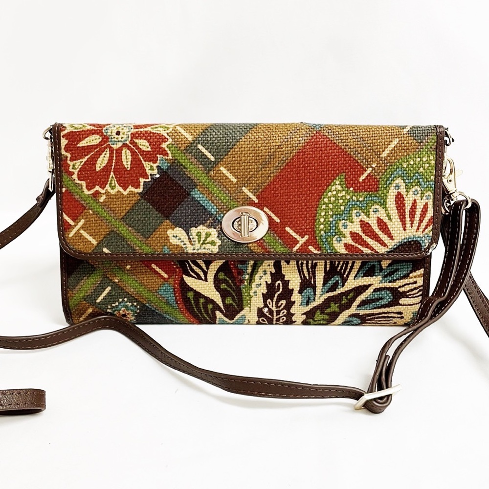 SPARTINA Linen/Leather Floral Crossbody Bag, Removable Straps & Wristlet Strap